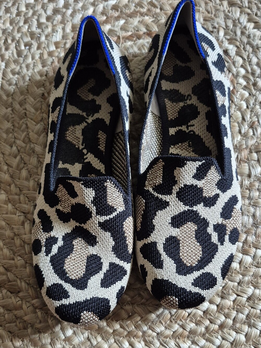 Rothy's Desert Cat Leopard Print Knit Slip-On Flats in Black and Cream Sz.6